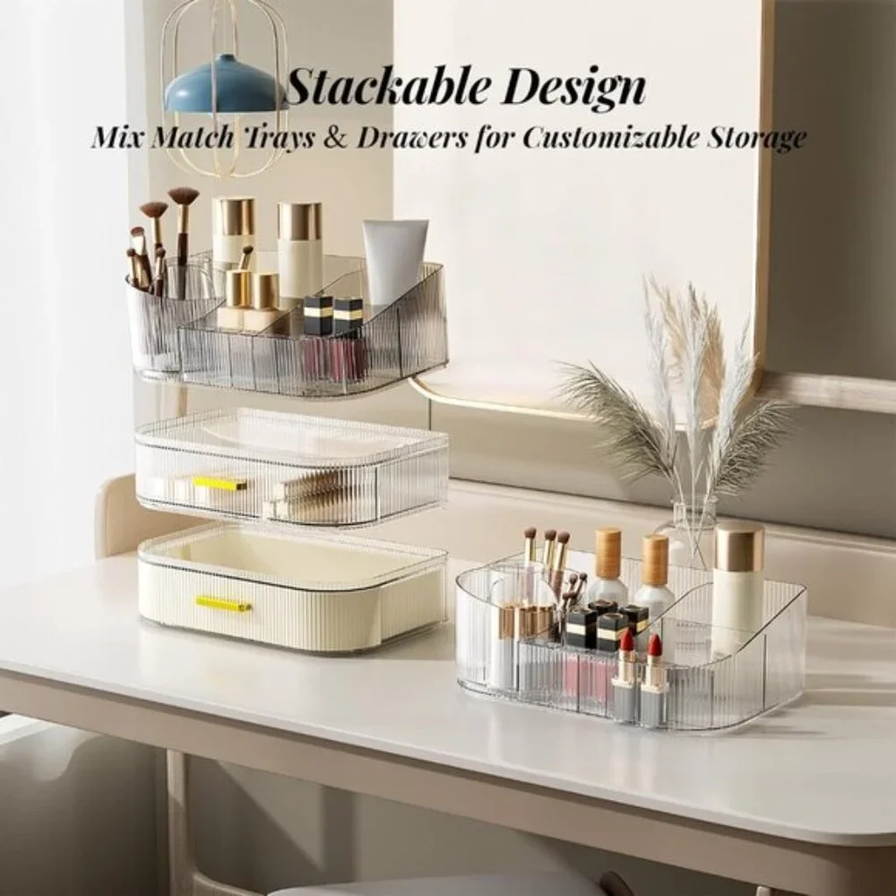 White Makeup Organizer, Stackable Drawers, 360° Rotating Brush Holder for Vanity